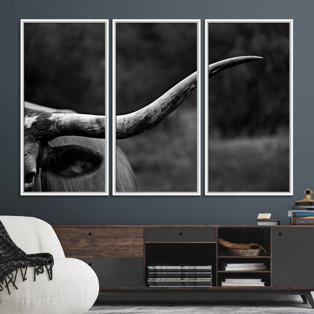 Cow Longhorn Wall Art: This black and white print adds rustic charm.