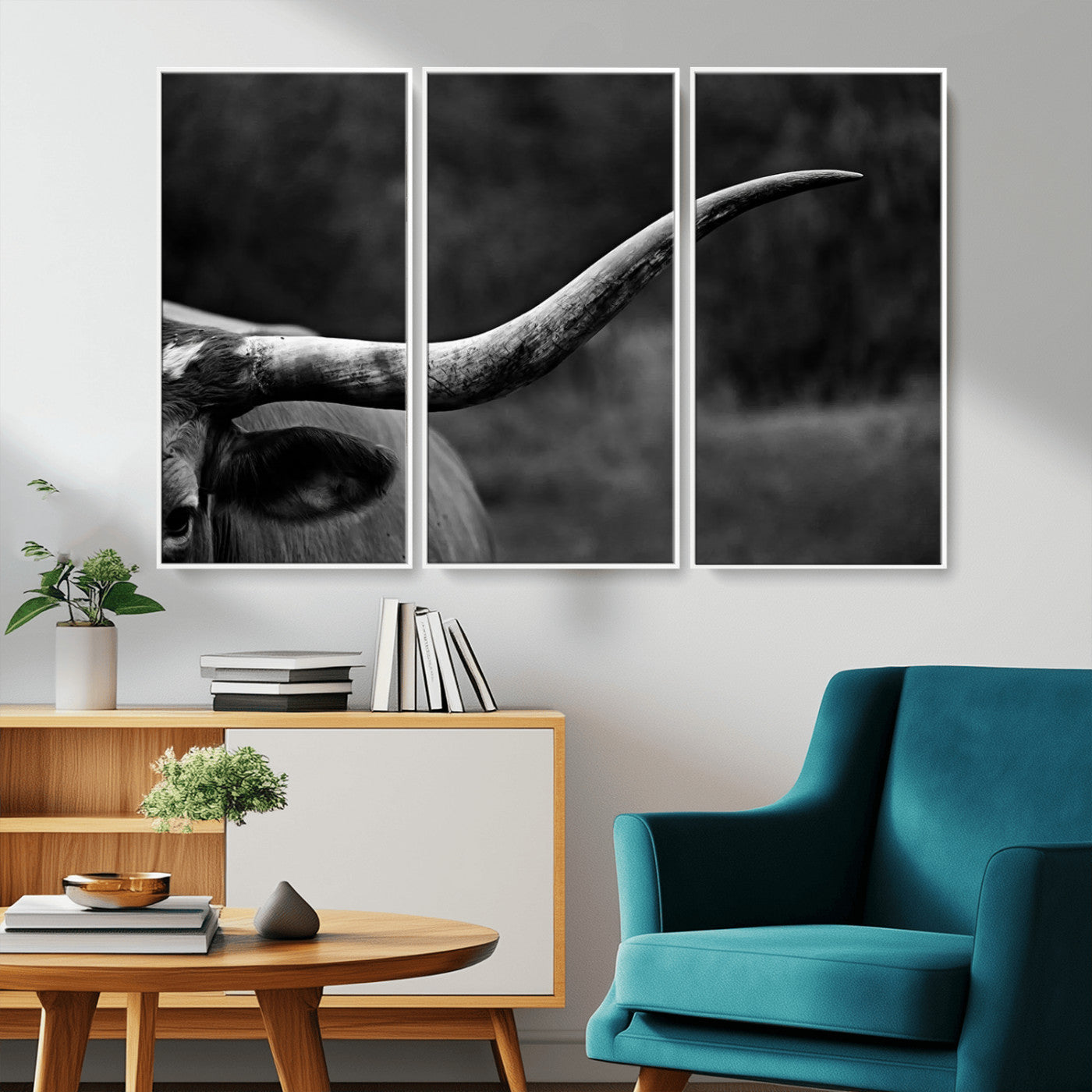 MGV-FC-48X32-3P - Cow Longhorn Wall Art | Black and White Print | Ready to Hang and Framed | Farmhouse Wall Decor |