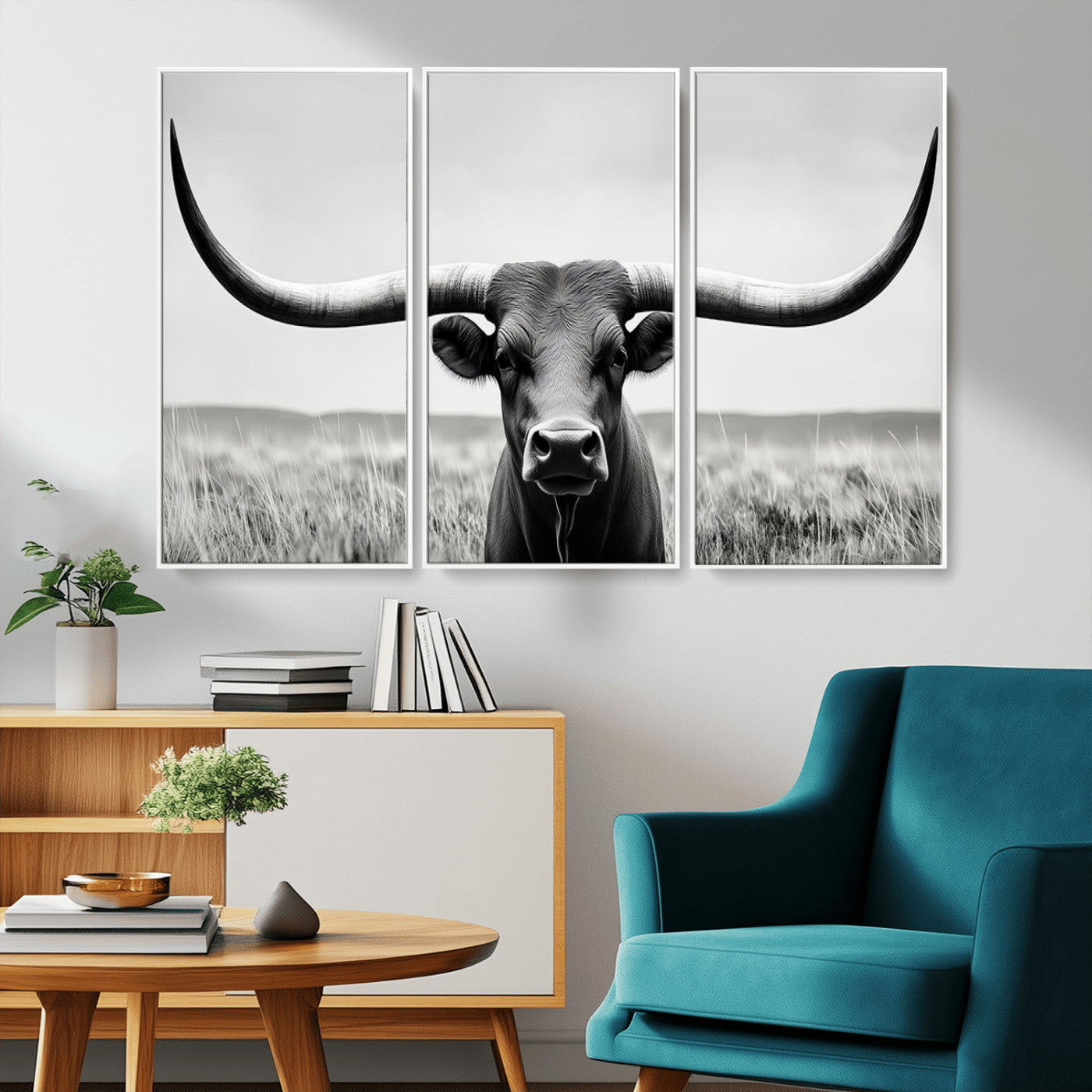 -Longhorn Bull Canvas Print | Rustic Farmhouse Wall Art | Western Decor | Ready to Hang and Framed