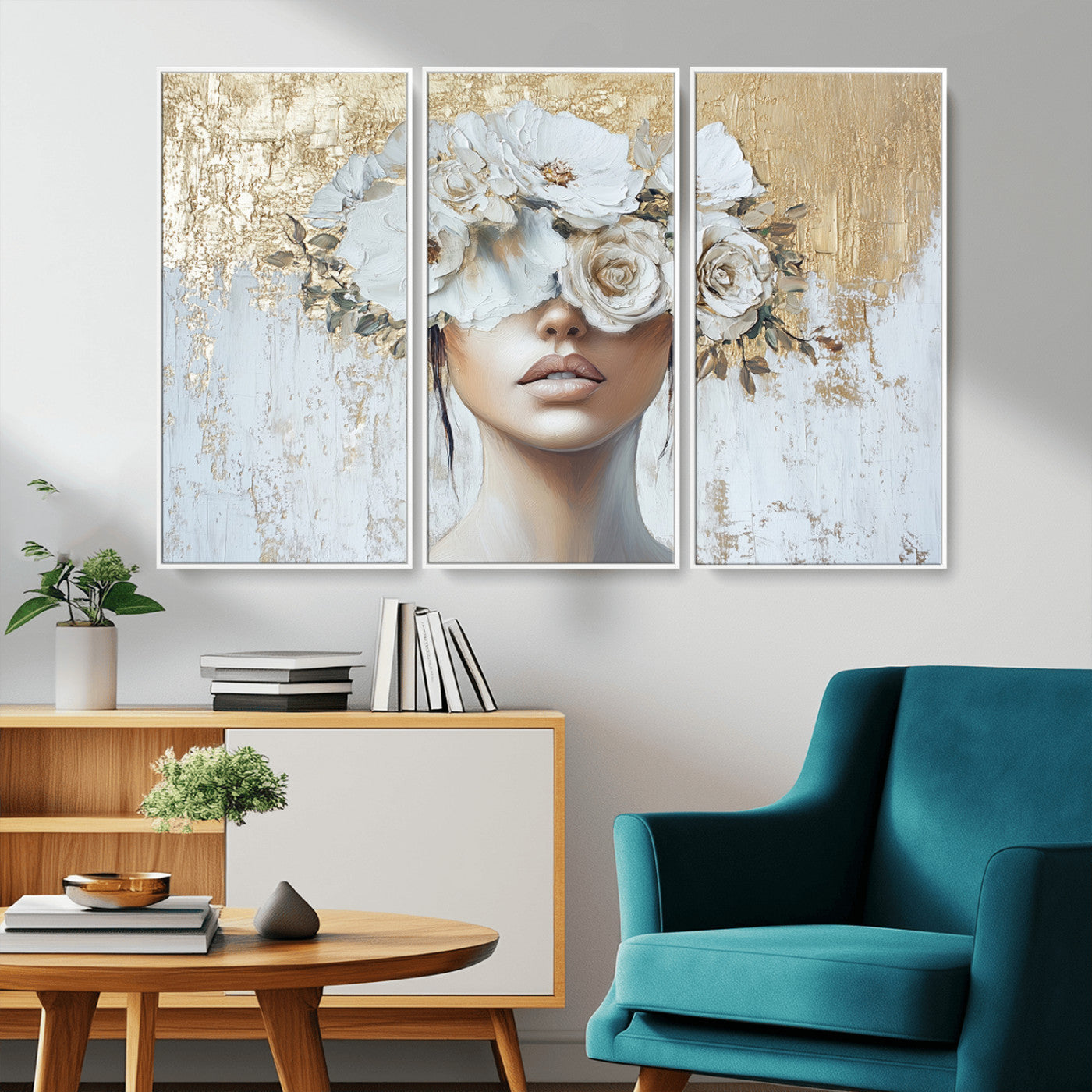 MGV-FC-48X32-3P - Golden Petal Wall Art - Canvas Print Flower Head Woman Painting Floral Woman Portrait Wall Decor,