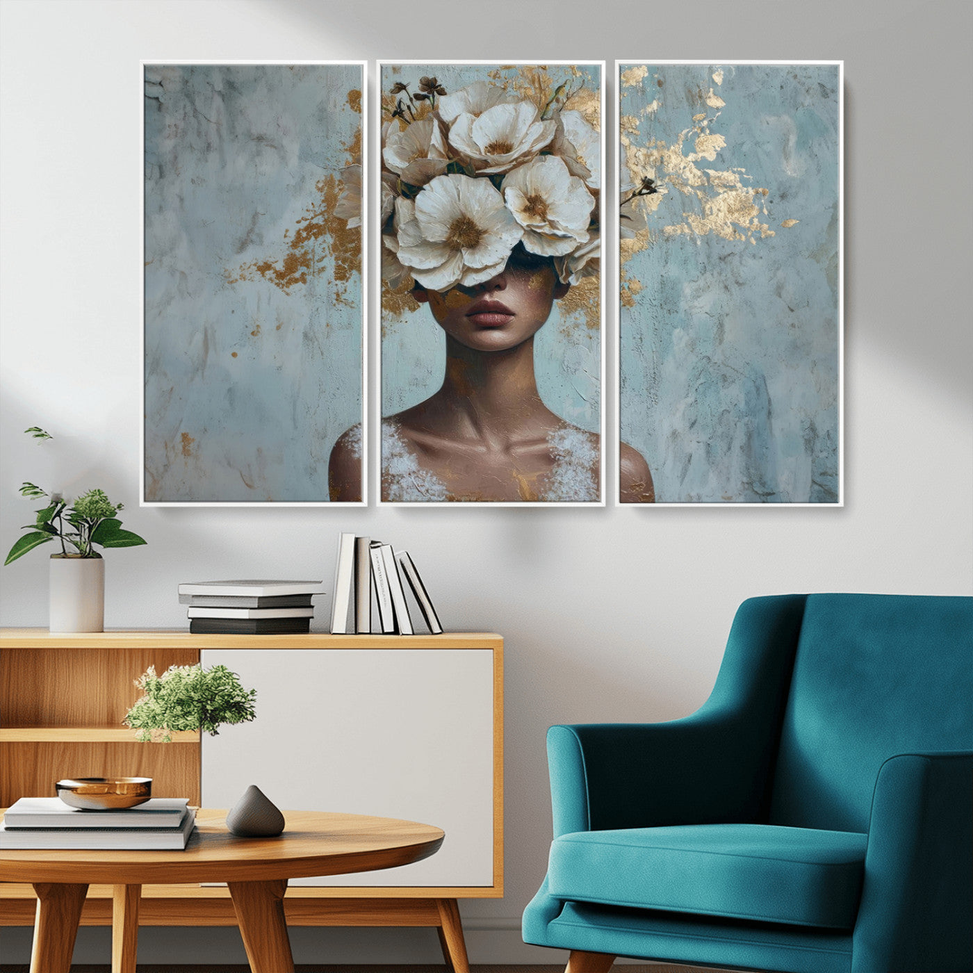 MGV-FC-48X32-3P - Golden Petal Wall Art - Petal Silhouette Woman Wall Art Canvas Print | Large 3-Panel Canvas with