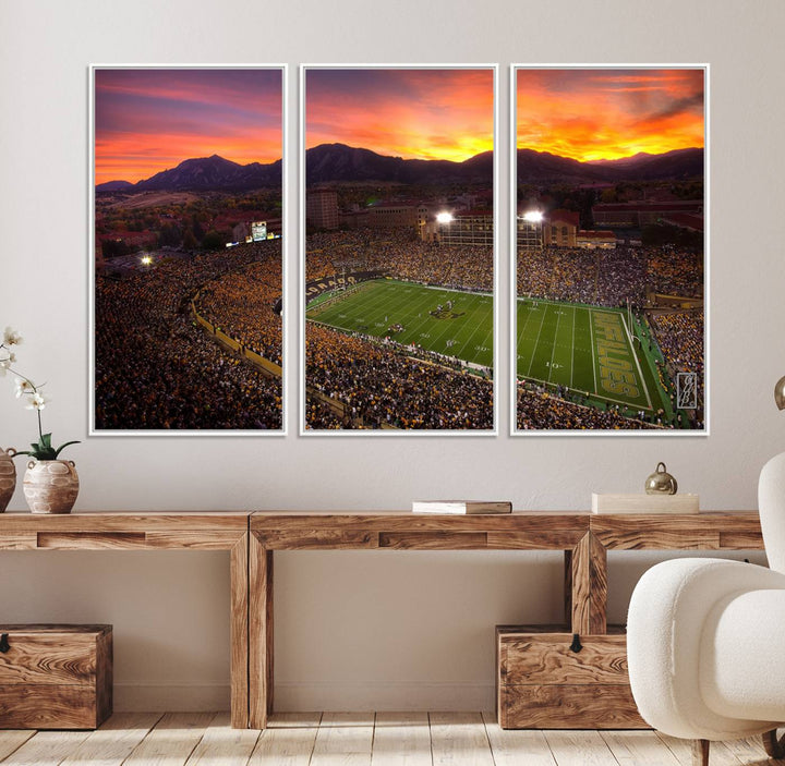 A vibrant mountain sunset at Folsom Field, home of the University of Colorado Football team, is captured in this stunning wall art canvas print.