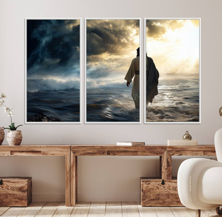 A dramatic sky serves as the backdrop for the Jesus Walking on Water wall art, a perfect piece for Christian home decor.