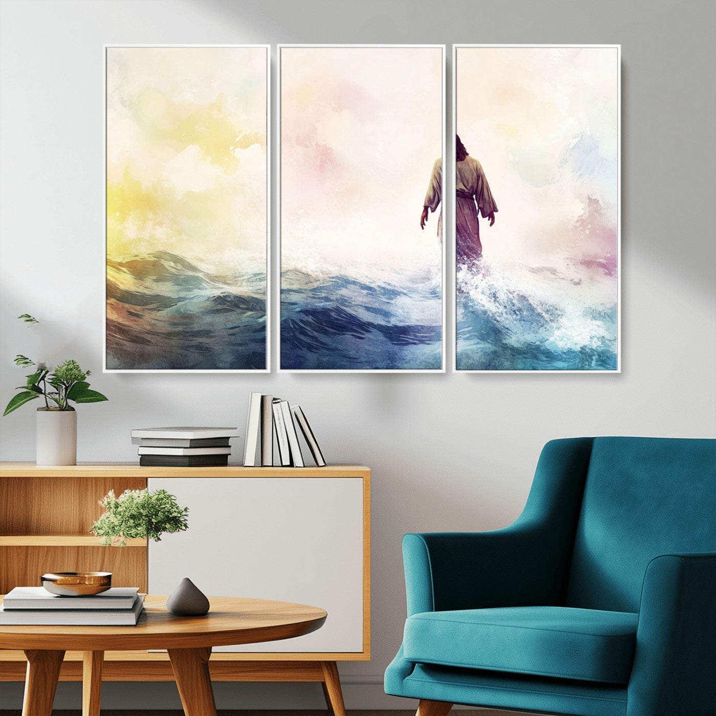 MGV-FC-48X32-3P - Watercolor Jesus Walking on Water Canvas Print, Christian Wall Art, Jesus Christ Walking