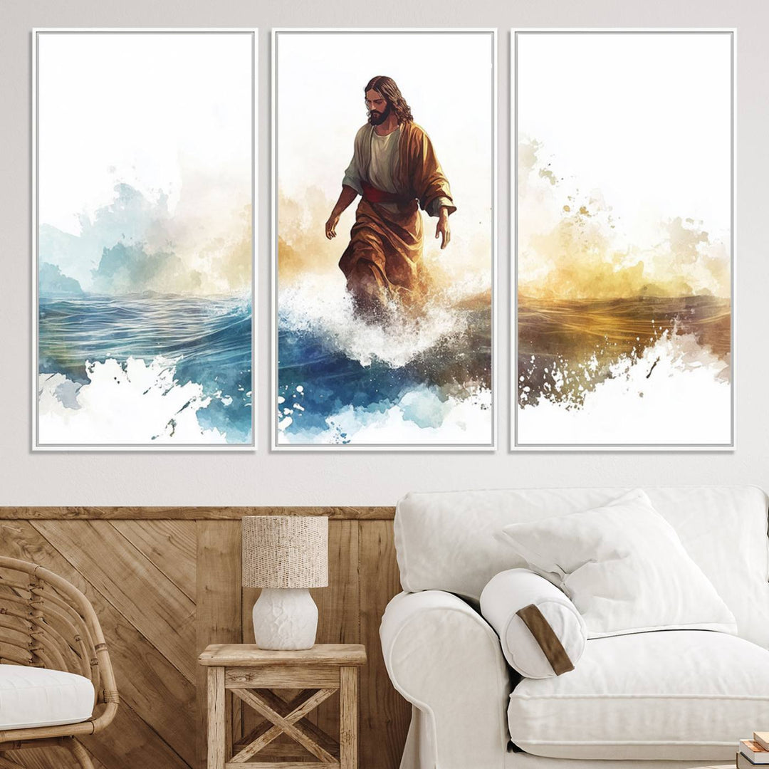 This watercolor canvas print depicts Jesus walking, characterized by abstract splashes against a serene background. It serves as a beautiful piece of Christian wall art.