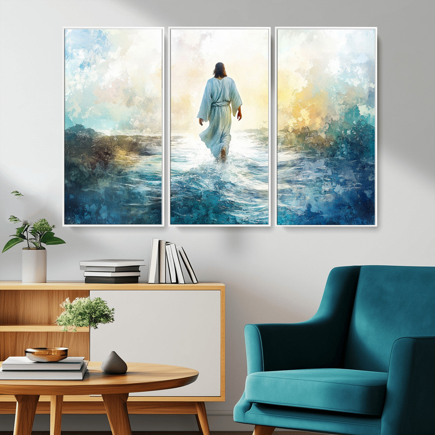 MGV-FC-48X32-3P - Watercolor Jesus Walking on Water Canvas Print, Christian Wall Art, Jesus Christ Walking