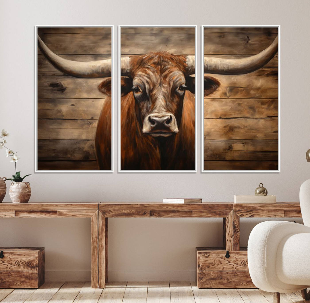 Longhorn Bull Canvas Print: Rustic Farmhouse Decor, Ready to Hang Western Barn Art.