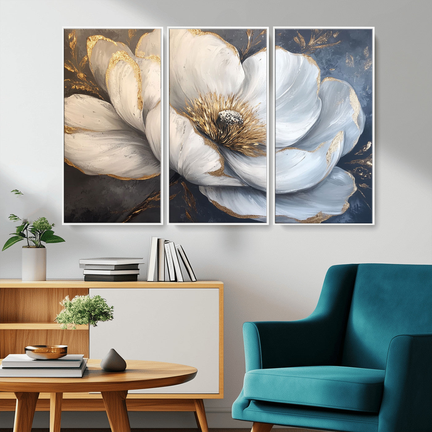 MGV-FC-48X32-3P - White Magnolia Flower Wall Art Canvas Print | Abstract Floral Wall Decor | Elegant Bloom Artwork |