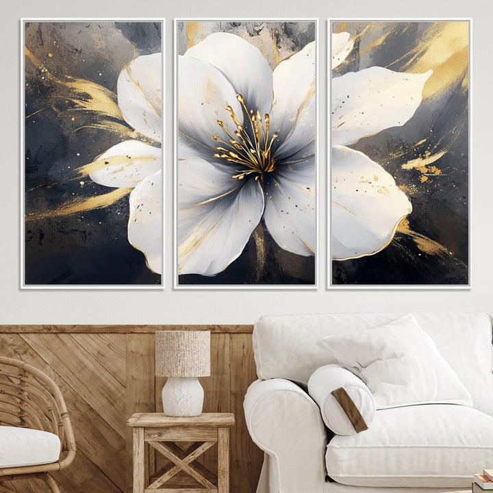 White Flower Wall Art | Canvas Print | Ready to Hang | Abstract Floral Wall Decor | Elegant Bloom Artwork | Framed for Living Room or Bedroom