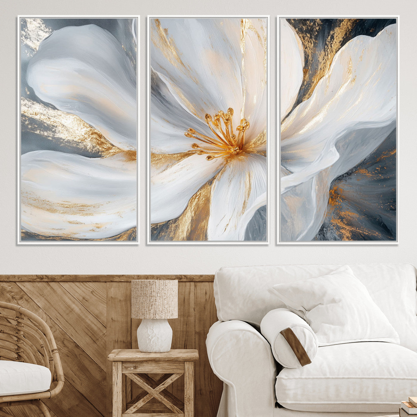 83149-MGV-CV-36X24-White and Gold Floral Canvas Wall Art - Framed and Ready to Hang - Perfect for Modern Living Rooms