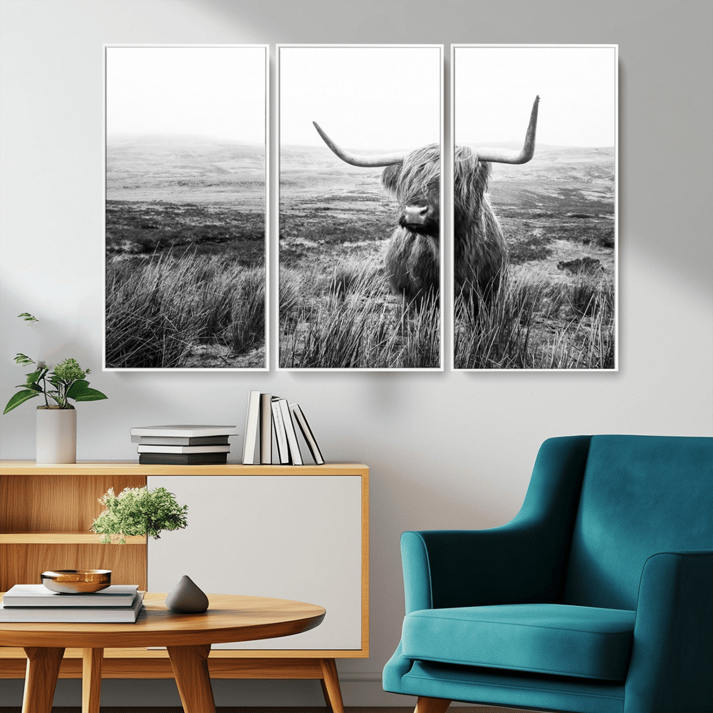 MGV-FC-48X32-3P - Scottish Highland Cow Wall Art | Black and White Canvas Print | Ready to Hang and Framed | Rustic
