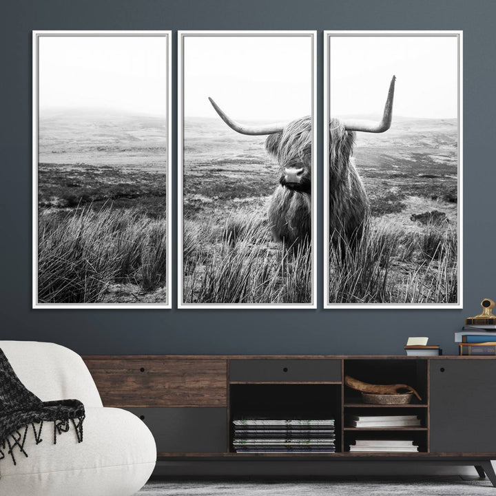 The Scottish Highland Cow black and white canvas print adds rustic farmhouse charm to any wall.