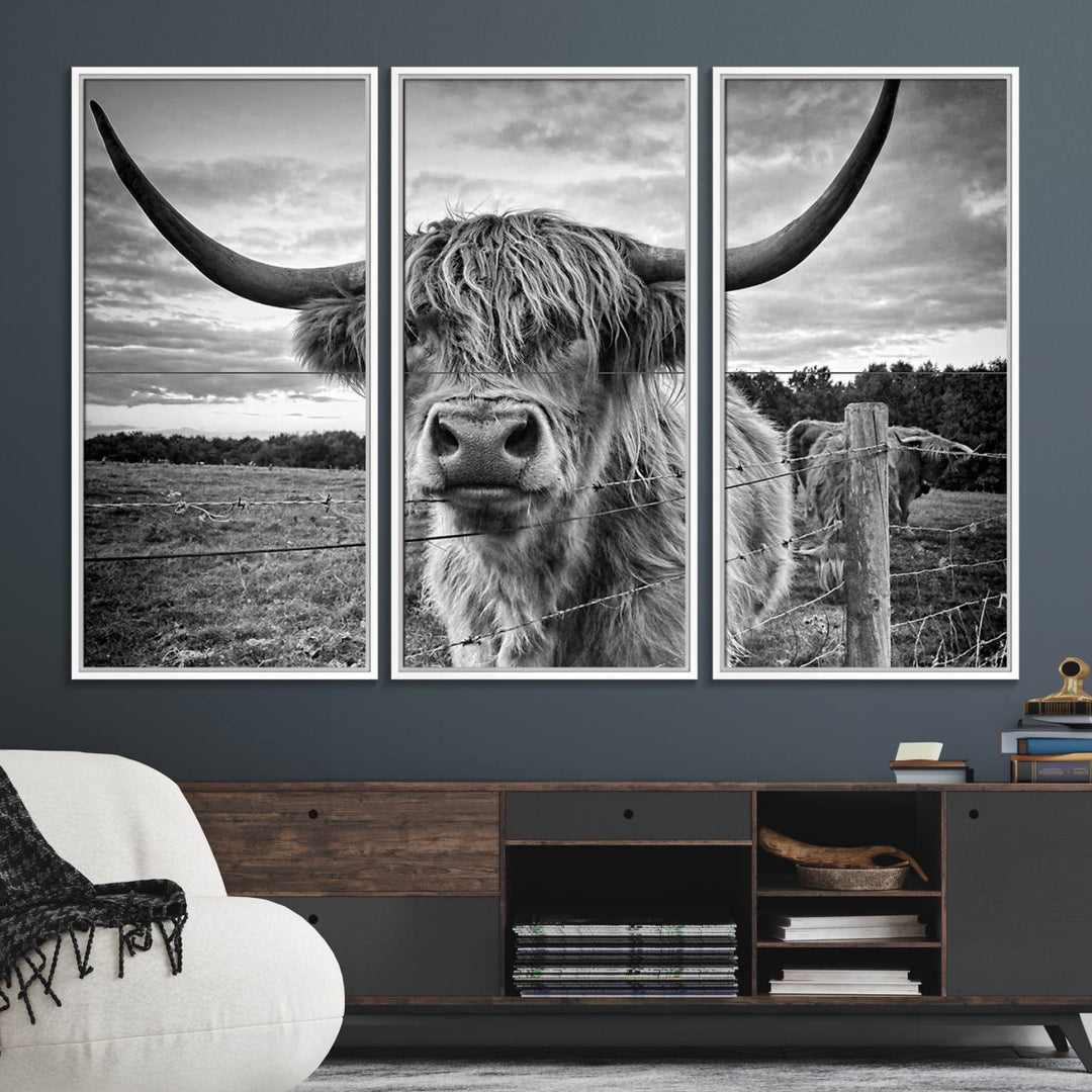 The Scottish Highland Cow Wall Art Canvas Print is ready to hang and framed, adding rustic farmhouse decor to your wall.