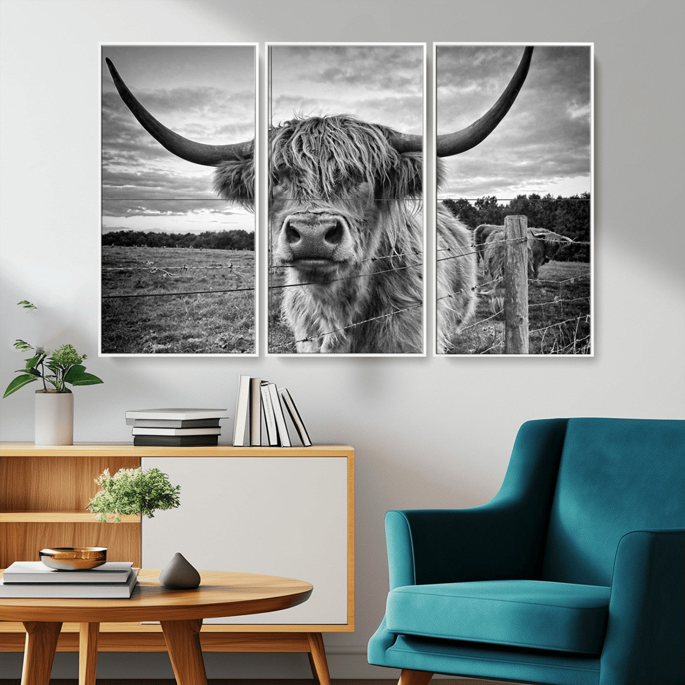 MGV-FC-48X32-3P - Scottish Highland Cow Wall Art Canvas Print | Ready to Hang and Framed | Rustic Farmhouse Decor