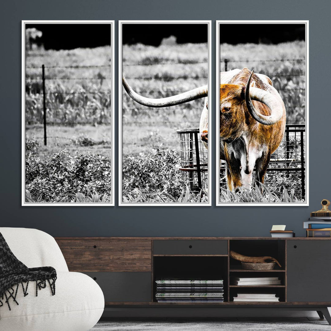 Majestic Texas Longhorn Cow Wall Art features a ready-to-hang canvas print that complements rustic farmhouse décor.