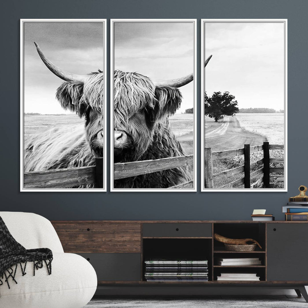 The Scottish Highland Cow Wall Art, a black and white canvas print, enhances rustic farmhouse décor.