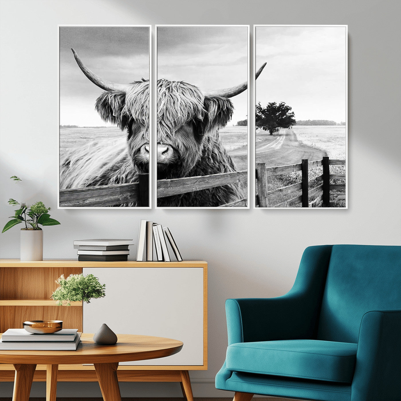 MGV-FC-48X32-3P - Scottish Highland Cow Wall Art | Rustic Farmhouse Décor | Black and White Ready to Hang Canvas Print