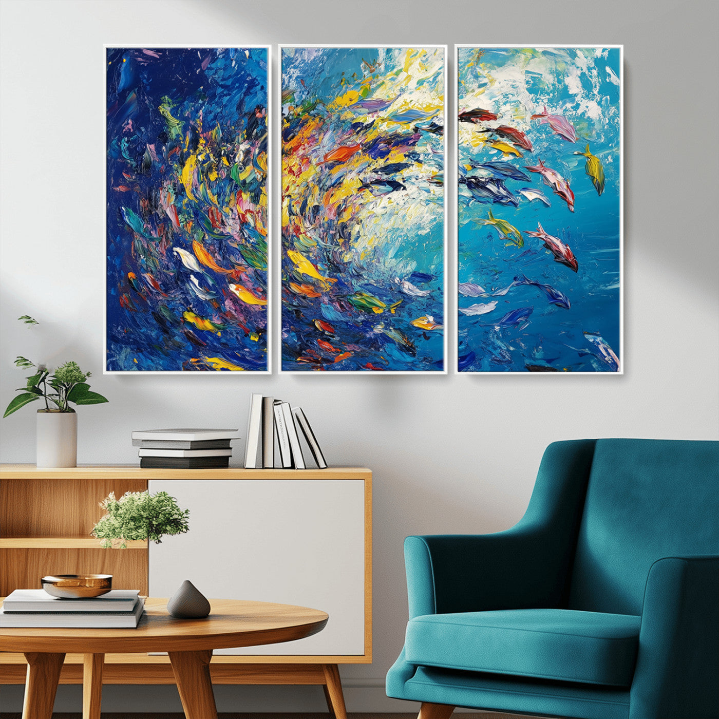 MGV-FC-48X32-3P - Colorful Swirling Fish School Wall Art Canvas Print | Oceanic Abstract Painting | Ready to Hang |