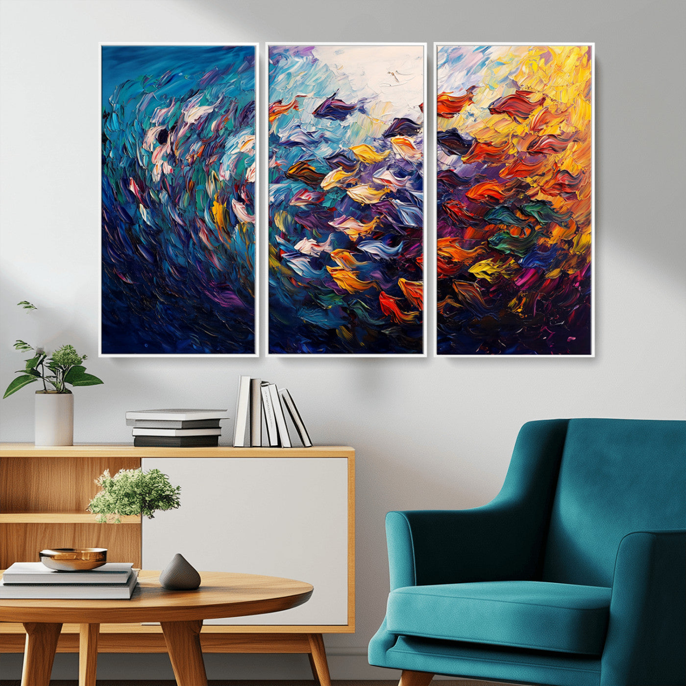 MGV-FC-48X32-3P - Vibrant Abstract Fish Swarm Art – Colorful Fish Inspired 3-Piece Canvas Wall Art for Living Room or