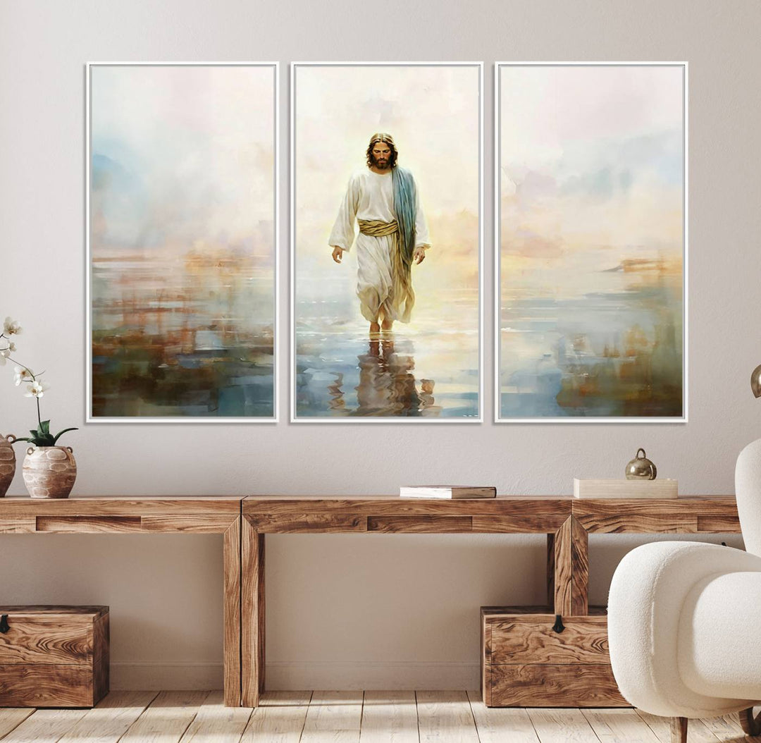 The 3-panel Framed Jesus Walking on Water Wall Art showcases a serene religious scene.