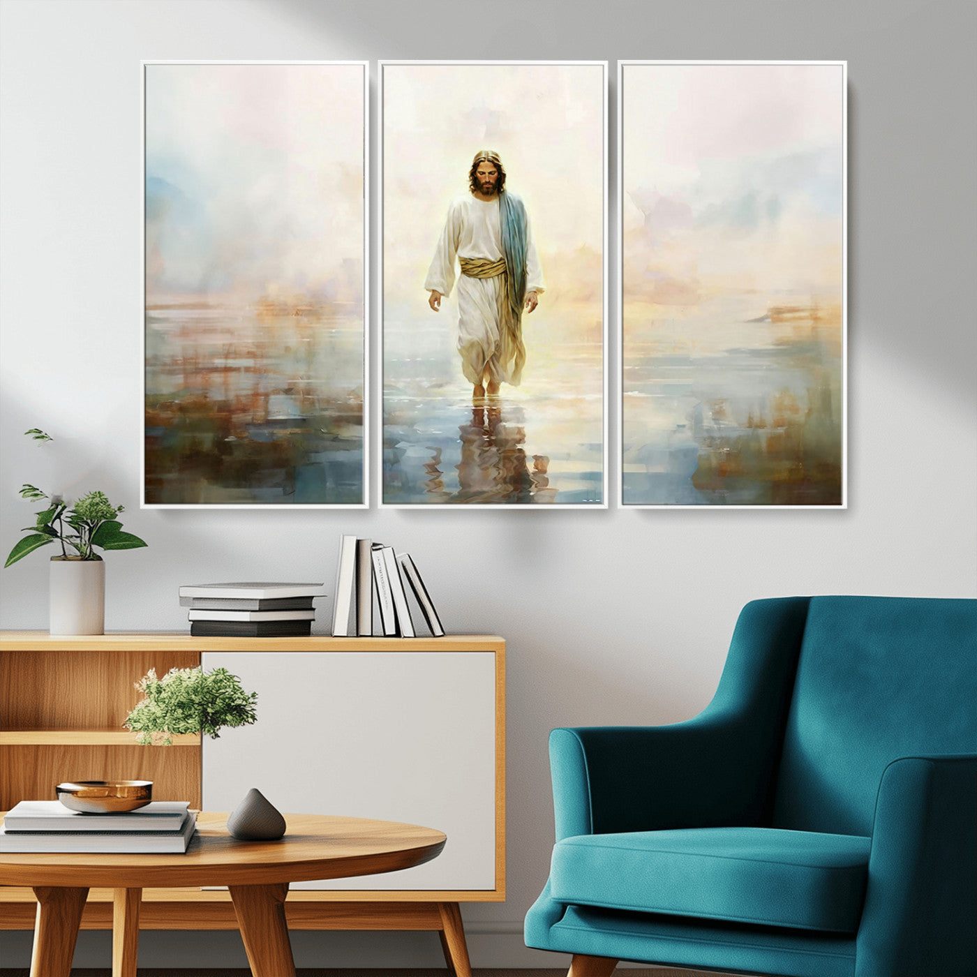 MGV-FC-48X32-3P - Framed Jesus Walking on Water Wall Art - 3-Panel Christian Canvas Prints, Religious Artwork for