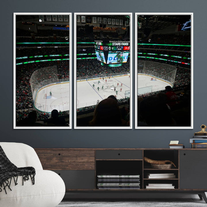 The Dallas Stars Wall Art Canvas Print is as clear as the scoreboard stats at a hockey game in a large arena with bright lights.