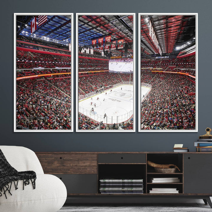 A Barton Malow canvas depicting Little Caesars Arena from above is beautifully printed in high resolution for your wall.