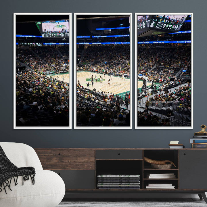 The Canvas Print of Climate Pledge Arena featuring the Seattle Kraken enhances a living room wall.