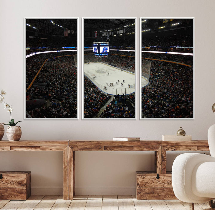 The wall art captures the essence of a Buffalo Sabres game on ice at KeyBank Center, making it deserving of a premium canvas print.