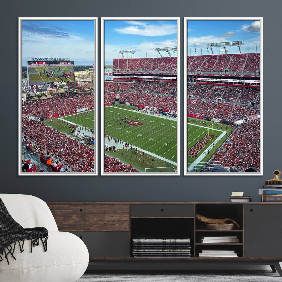 The Florida Tampa Raymond James Stadium Wall Art Canvas Print is featured above the cabinet.