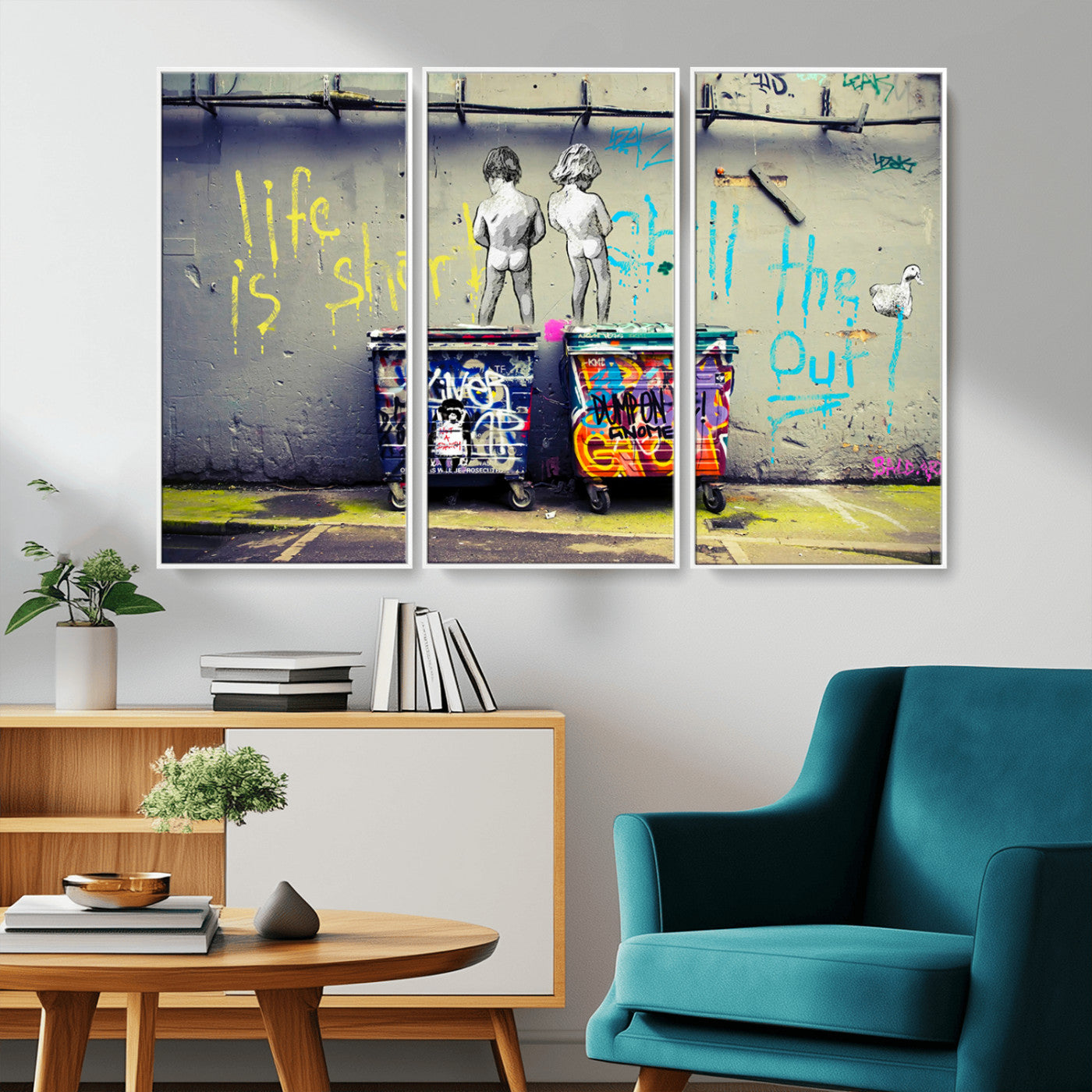 MGV-FC-48X32-3P - Banksy Life is Short Wall Art - Iconic Graffiti Art on Framed Ready-to-Hang Canvas - Street Art