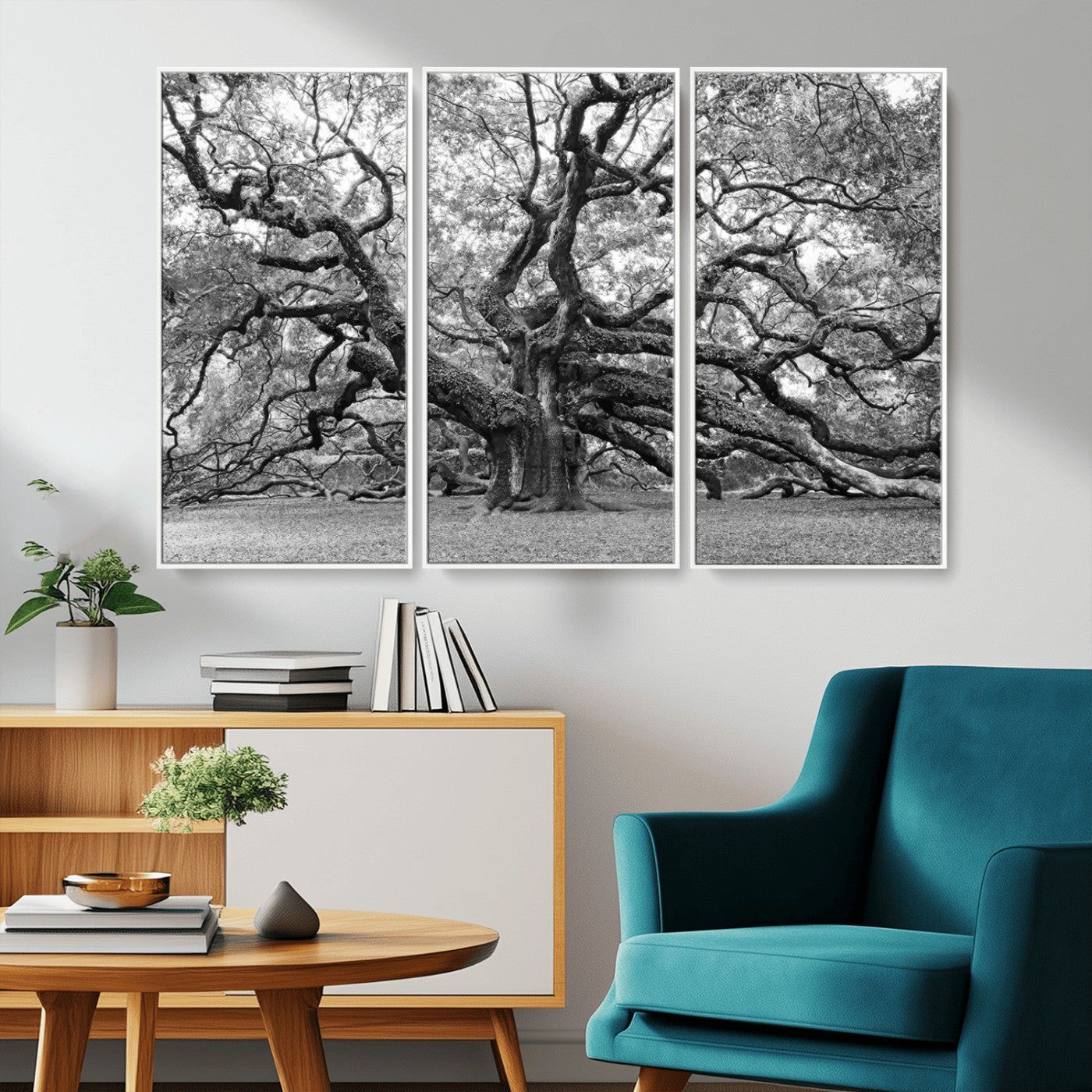 MGV-FC-48X32-3P - Black White Angel Oak Tree Wall Art - Timeless Nature-Inspired Canvas for Rustic, Modern, or