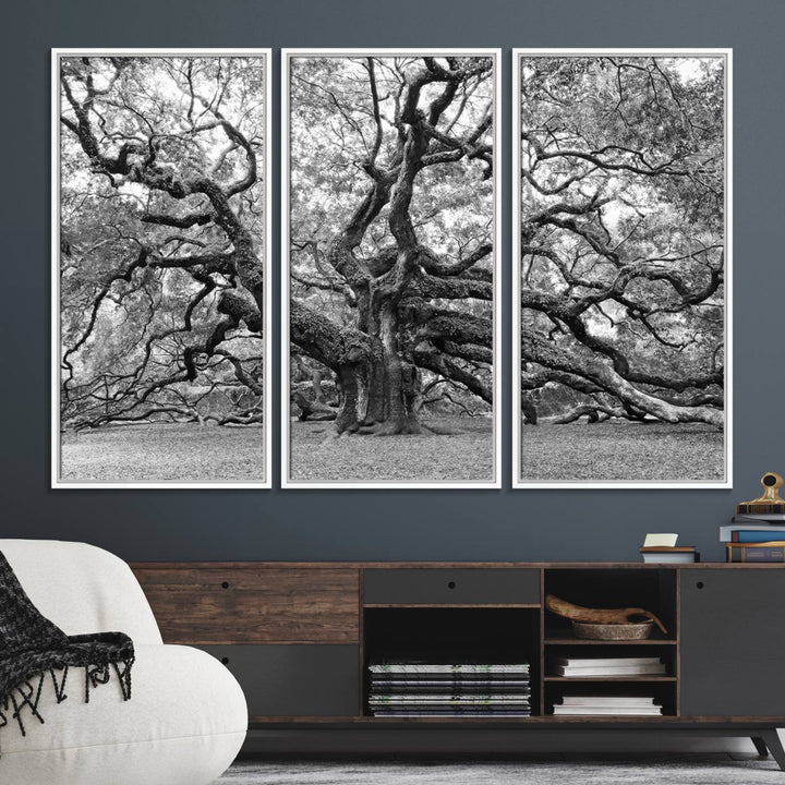 The Black White Angel Oak Tree wall art adds timeless, nature-inspired decor.