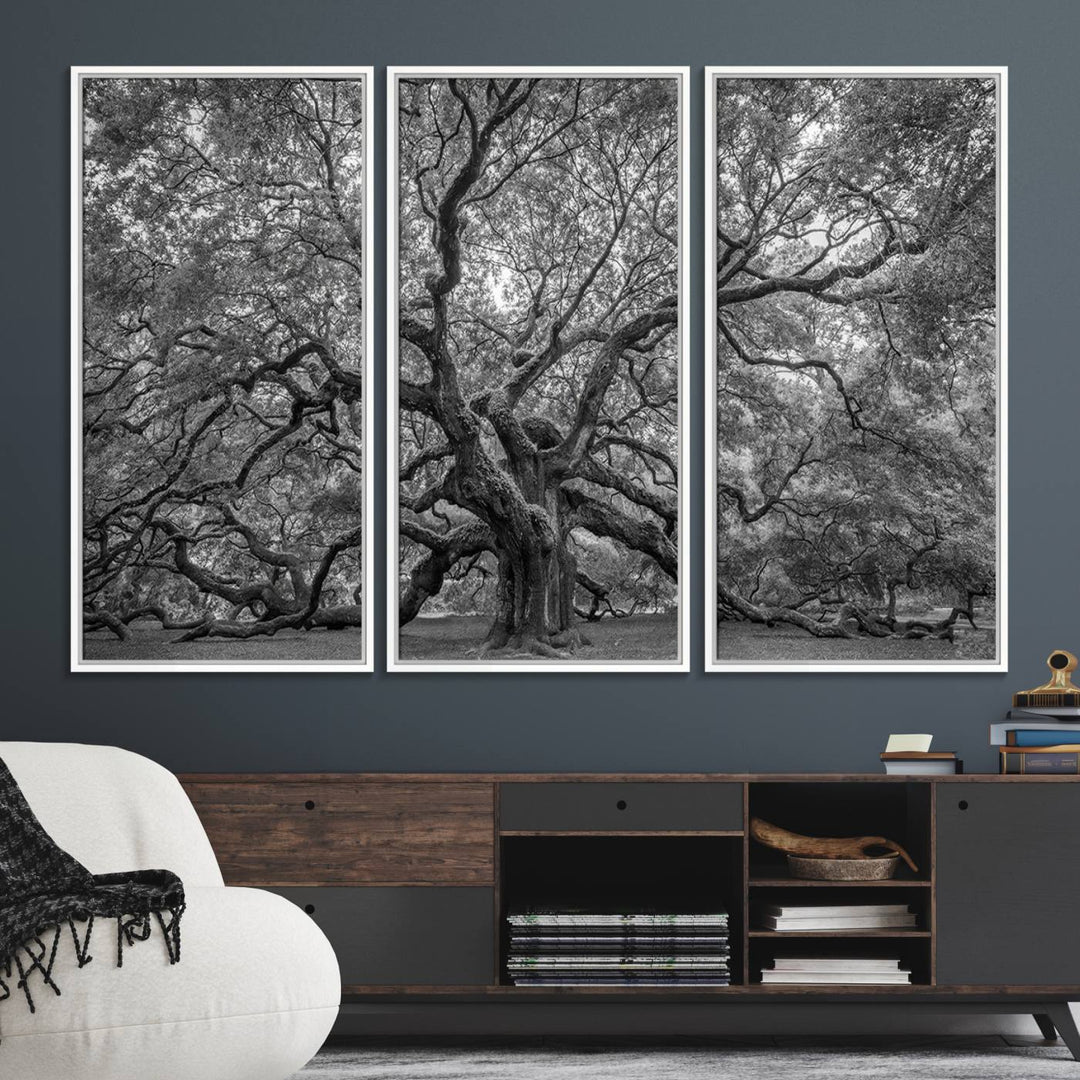 The Majestic Angel Oak Tree canvas print enhances minimalistic decor with its nature photography.