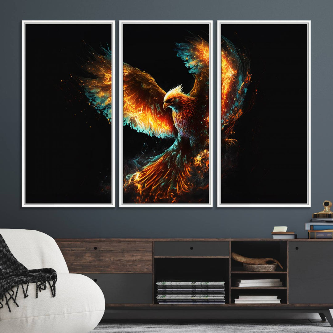 The Fiery Phoenix Canvas Print, showcasing a majestic bird with fiery wings against a black background, makes for the perfect bold decor in your living room.