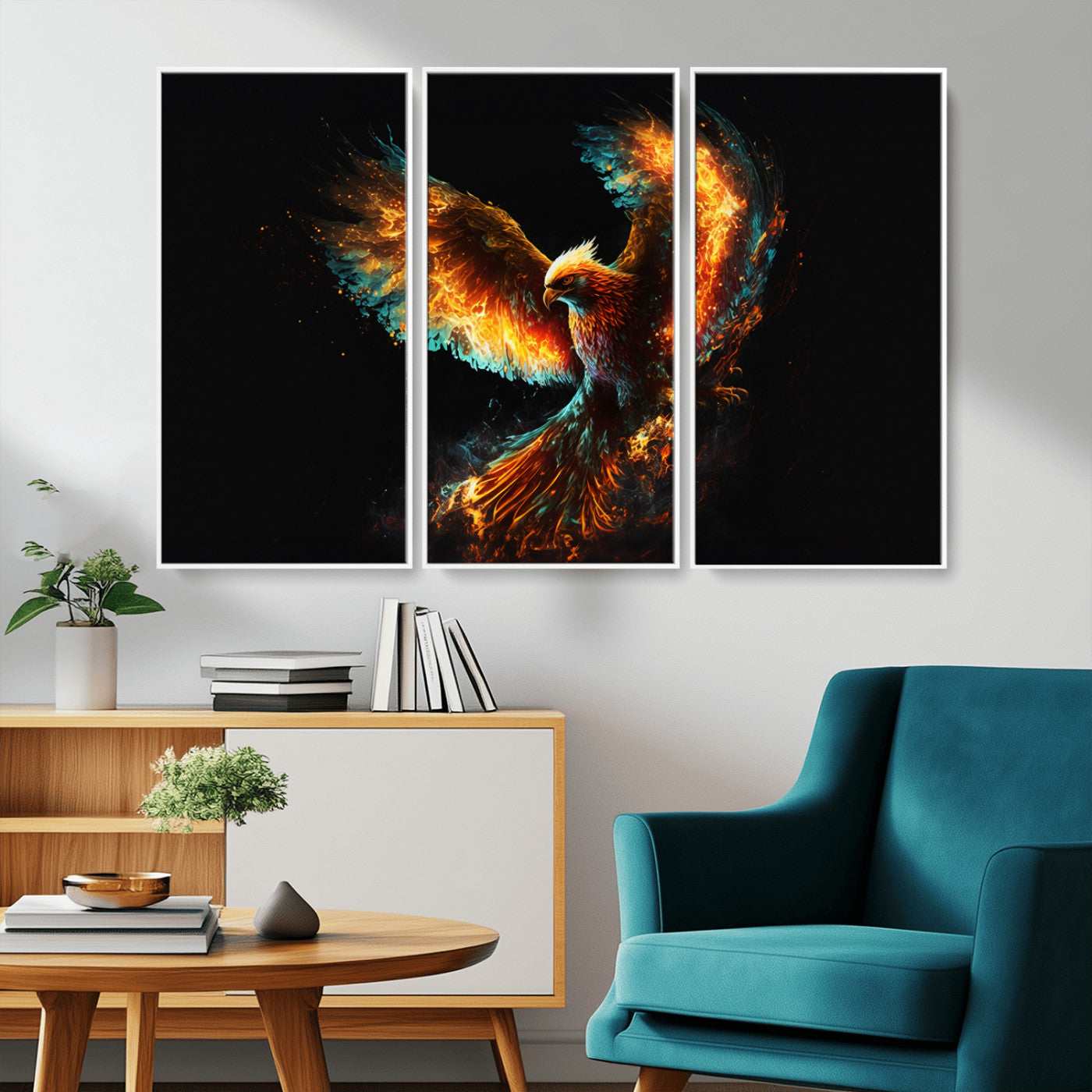 MGV-FC-48X32-3P - Fiery Phoenix Canvas Print | Ready to Hang Wall Art | Bold Fantasy Decor for Living Room | Majestic