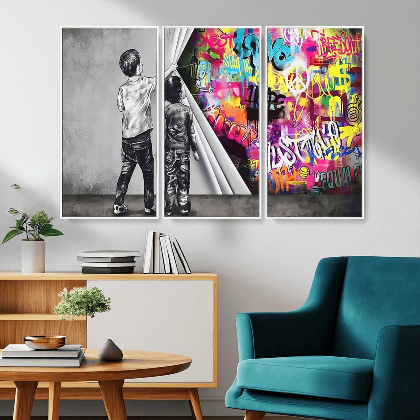 MGV-FC-48X32-3P - Banksy Print - Street Art Canvas Wall Art - Kids Revealing Graffiti, Urban Modern Decor for Living