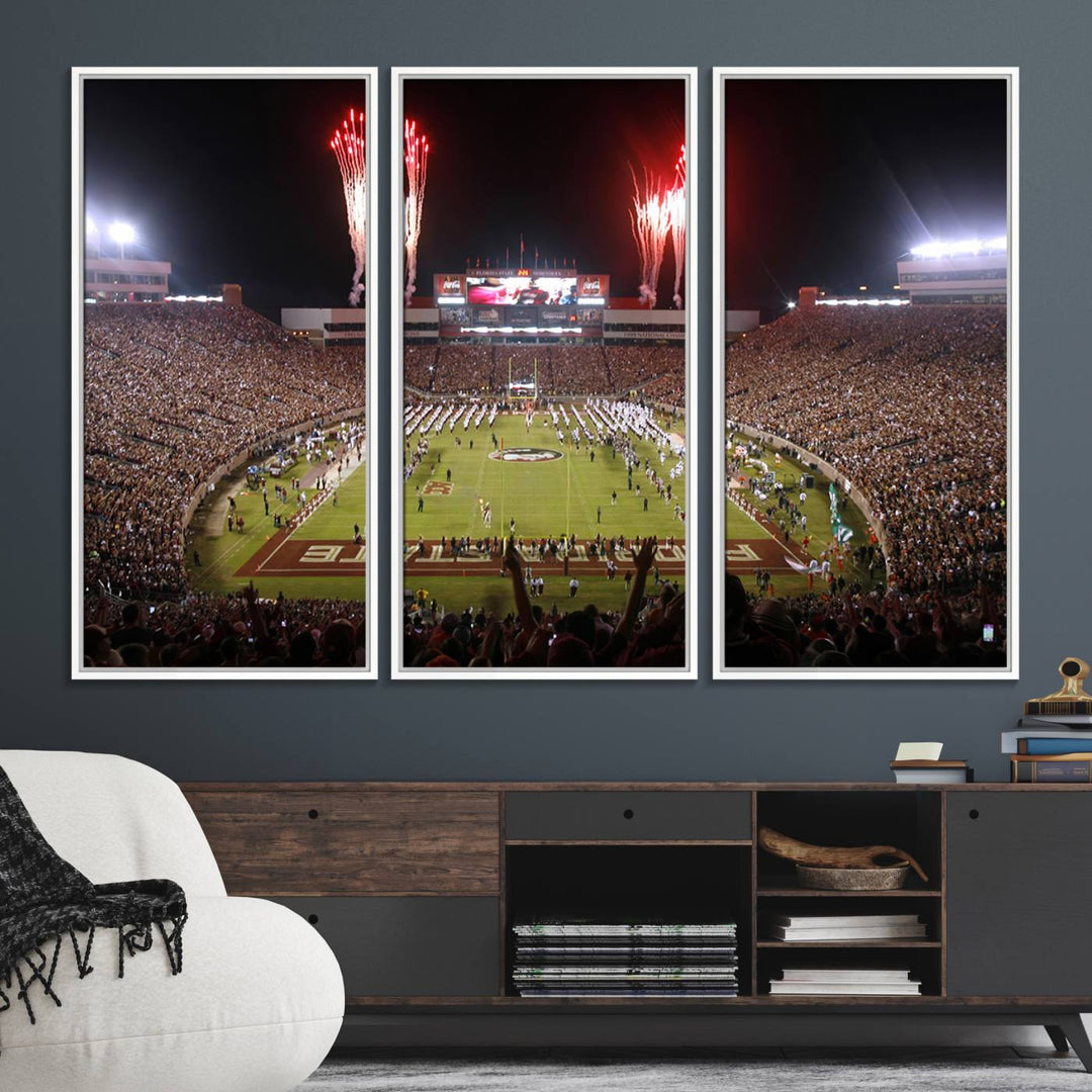 A vibrant wall art piece of the Florida State Seminoles sets a lively tone, depicting scenes filled with energy and celebration.