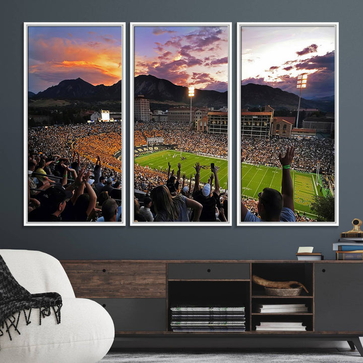 The Folsom Field Stadium Print beautifully captures the Colorado Buffaloes stadium at sunset, set against a stunning mountain backdrop.