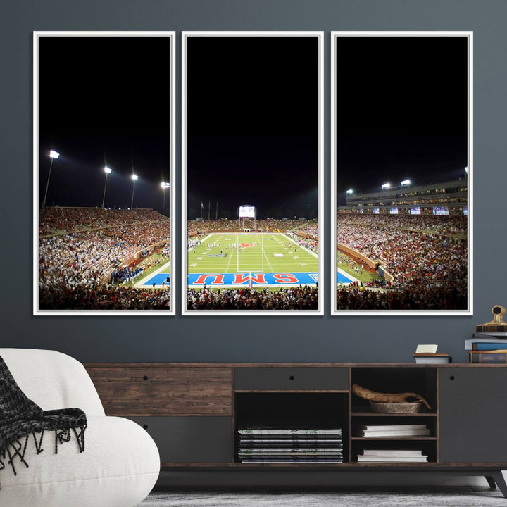 Wide-angle view of a vibrant painting depicting SMU Mustangs Football at Dallas Gerald J. Ford Stadium, capturing the energy and excitement of a filled stadium and brightly lit field.