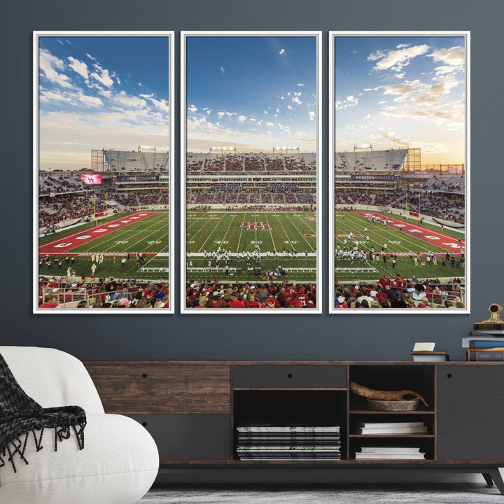 A Houston Cougars print of TDECU Stadium with a game crowd beautifully enhances the living room decor.