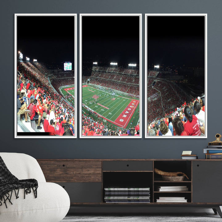 The wall art canvas print features a scene from a packed TDECU Stadium at night, highlighting the field and scoreboard.