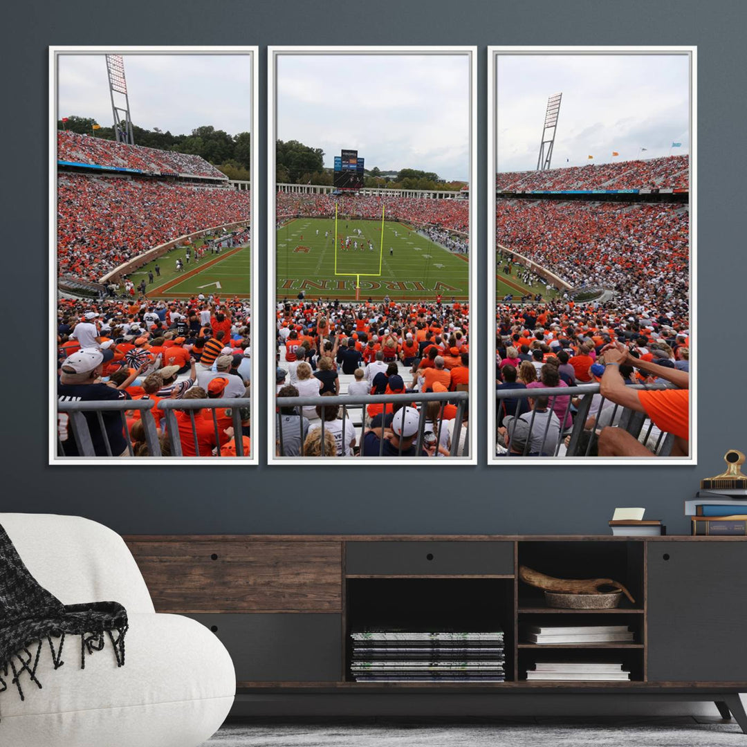 The Virginia Cavaliers Wall Art Canvas Print features a thrilling game at Scott Stadium surrounded by greenery.