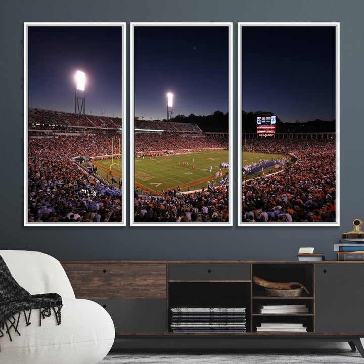 A nighttime game at Scott Stadium, floodlit—a scene from the Virginia Cavaliers Football art print.