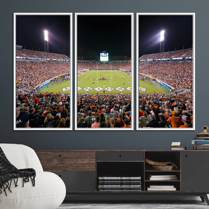 A Virginia Cavaliers Wall Art Canvas Print captures Scott Stadium filled with fans under the night sky.