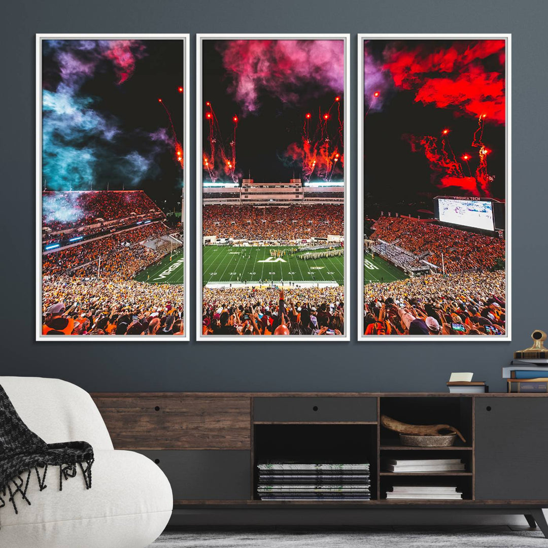 A Hokies football canvas print displays Lane Stadium at night with fireworks.