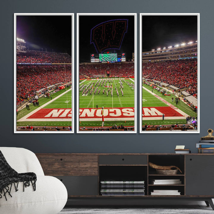 A premium canvas print captures a vibrant scene of Camp Randall Stadium featuring a lively football game with cheering fans and the energetic movements of the band.