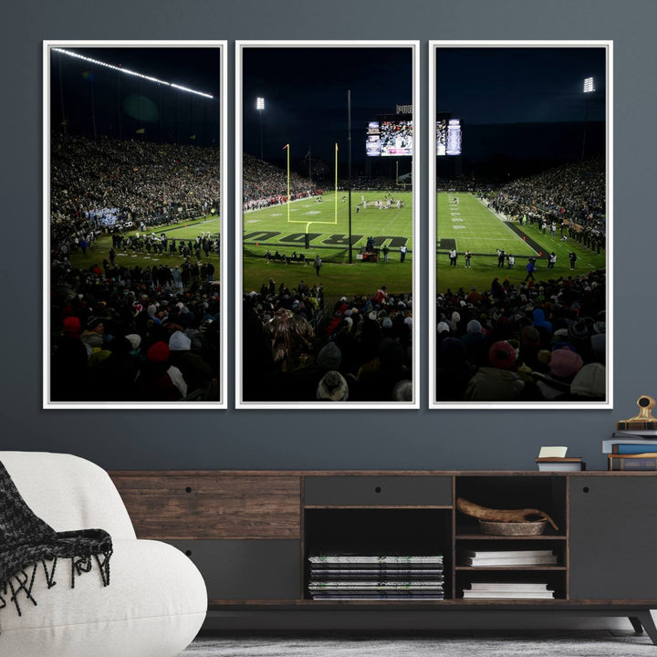 A Purdue Boilermakers canvas print beautifully showcases Ross–Ade Stadium in West Lafayette, vibrant with fans and a large screen display.