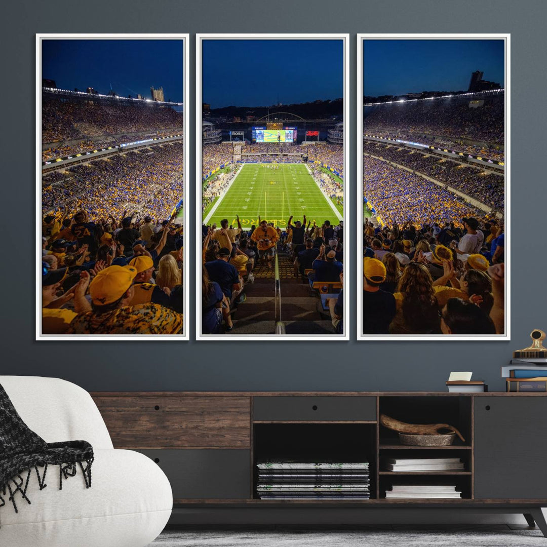 A Pittsburgh Panthers Acrisure Stadium canvas print captures the thrill of a packed stadium under lights and fans cheering.