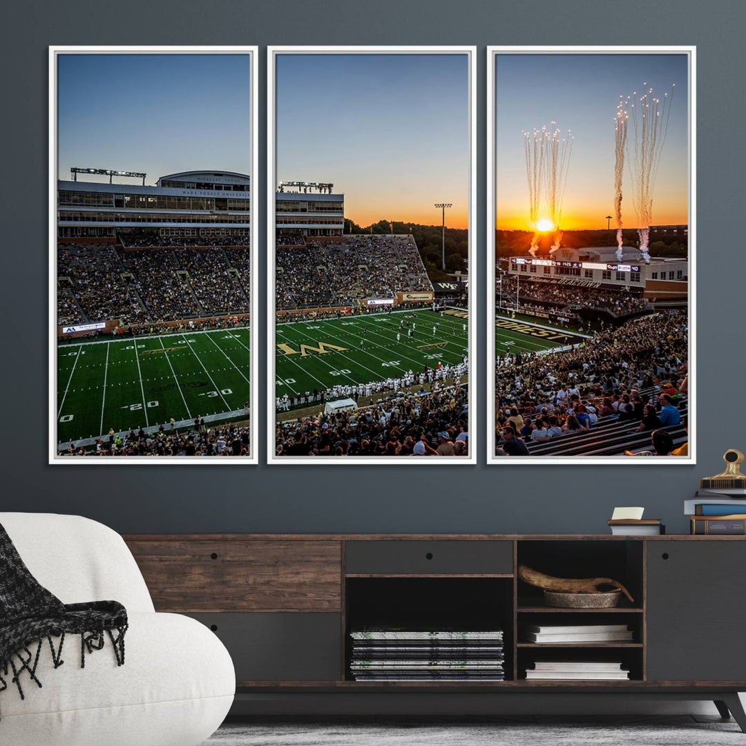 Canvas wall art print depicting the Demon Deacons football stadium at sunset with fireworks.